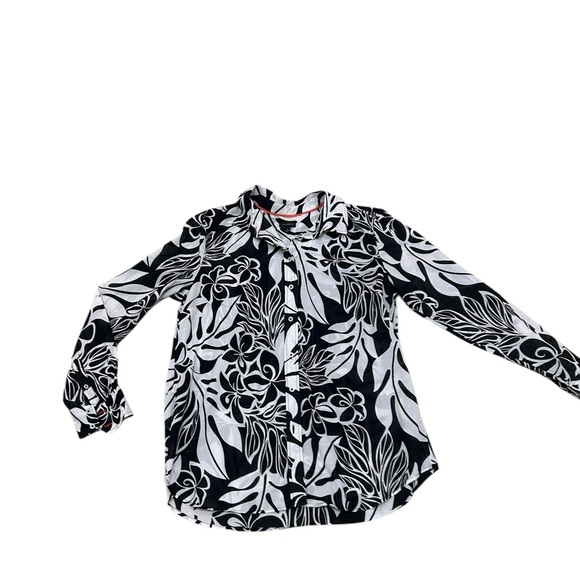 Talbots Black White Floral 100% cotton lightweight button up shirt Blouse large - Picture 2 of 9